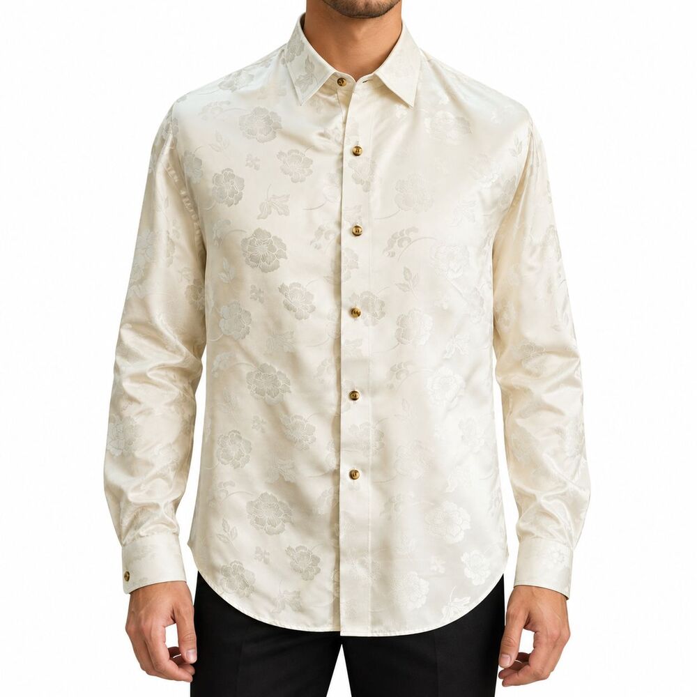 Mens Large Ivory Floral Satin Silky Button Up Dress Shirt Long Sleeve Luxury NWT